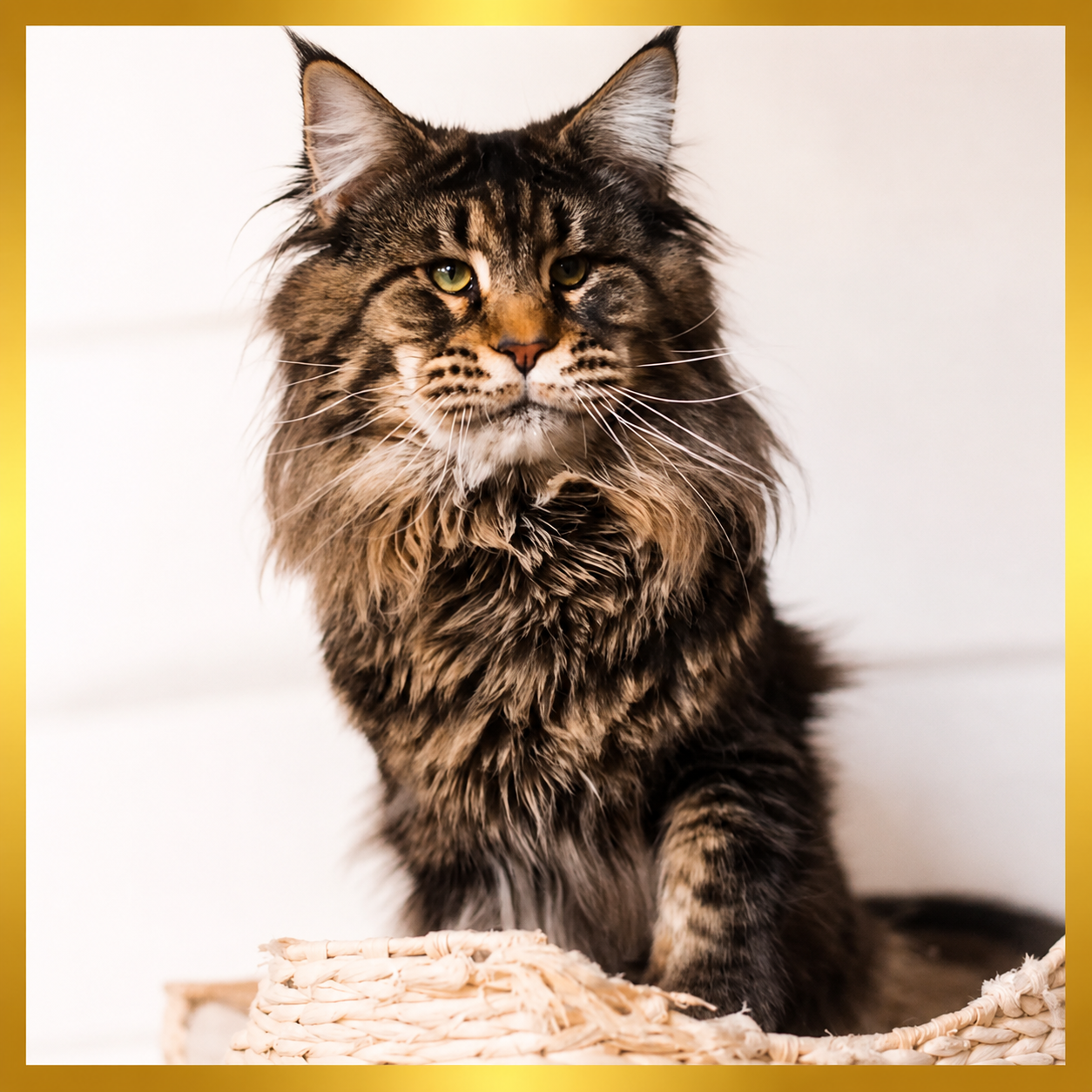 Long-haired tabby cat sitting in basket